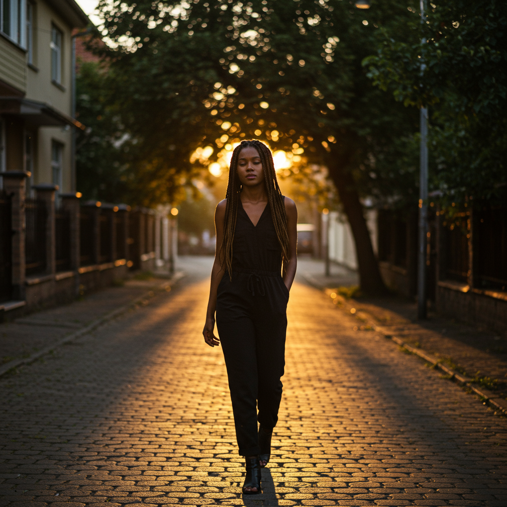 Burned-out woman walking outside for clarity and balance after work stress